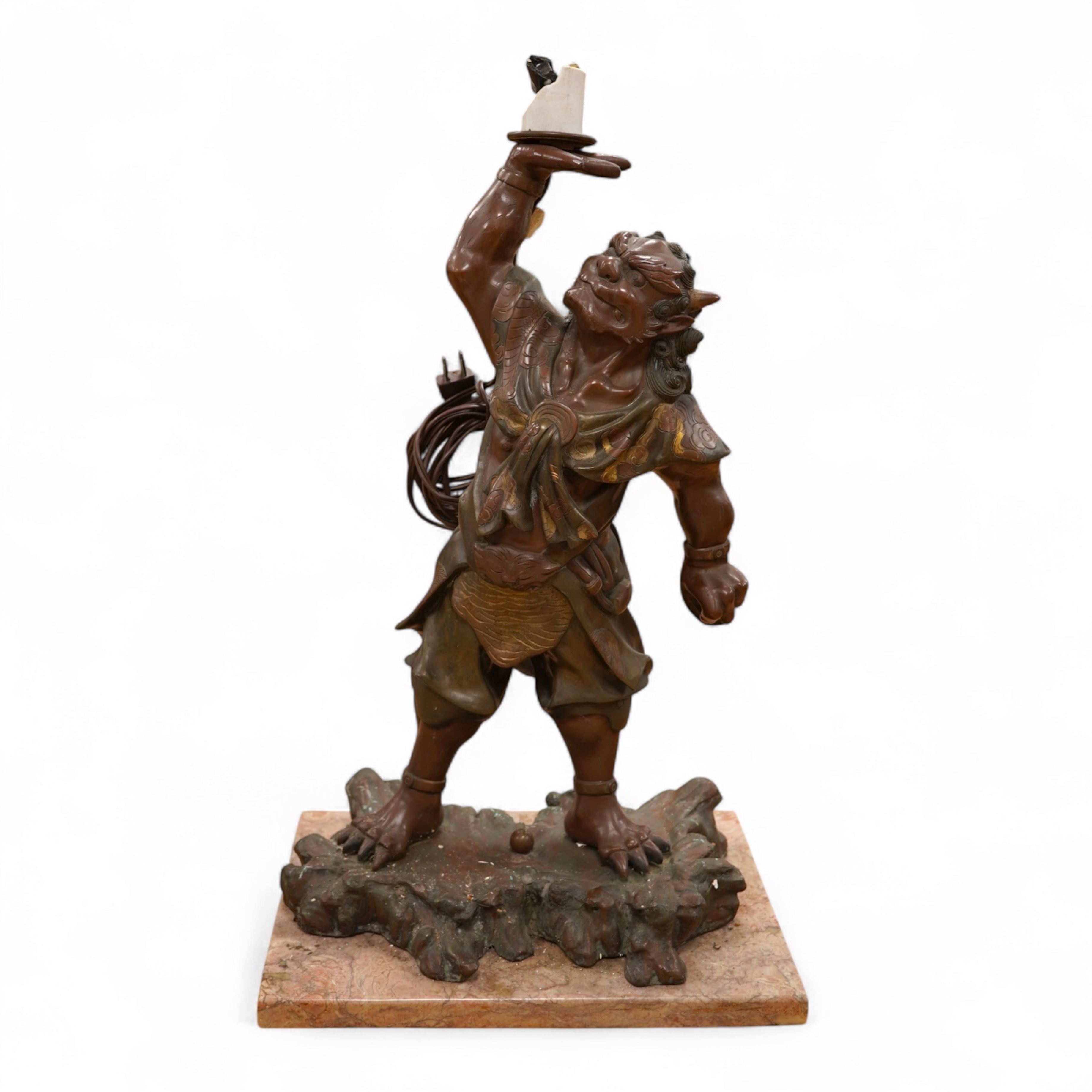 A Japanese bronze model of an oni, Meiji period, now mounted as a lamp, 50cm